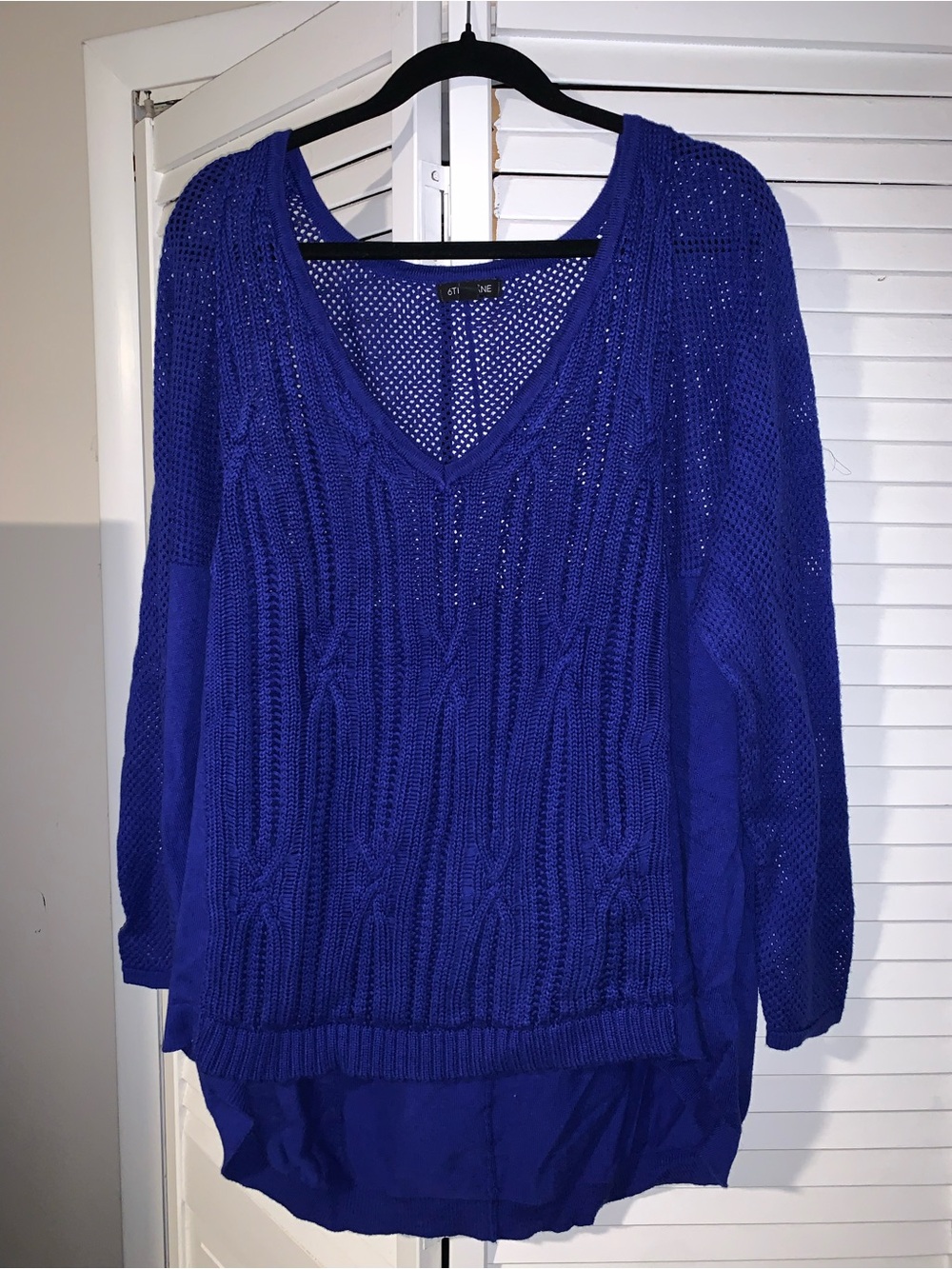 6th & Lane Plus Size Women’s Blue Open-Knit V-Neck Sweater